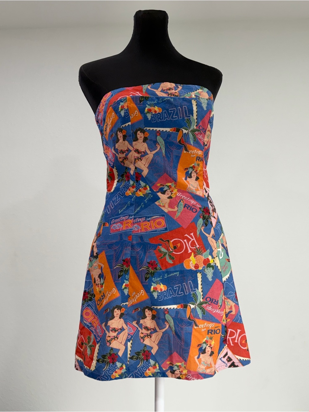 Peppermayo Rio Brazil Postcard Print Strapless Mini Dress Size US 4 Linen Blend